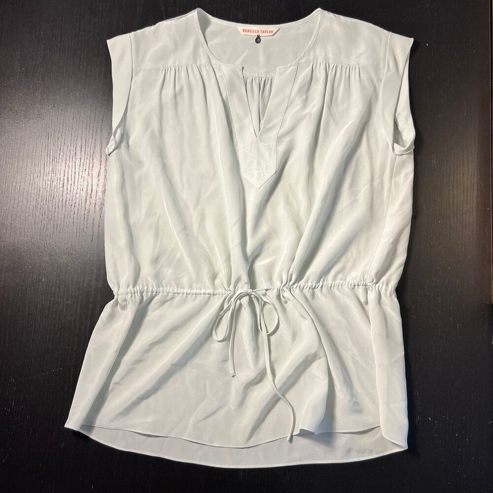 Rebecca Taylor Light Blue Size 6 Silk Sleeveless Blouse Cinch Tie Waist V-Neck